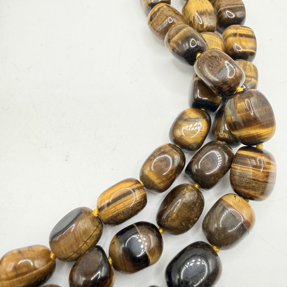 Tiger's Eye Triple Strand Knotted Beaded Choker Necklace & Magnetic MOP Clasp - Picture 4 of 9